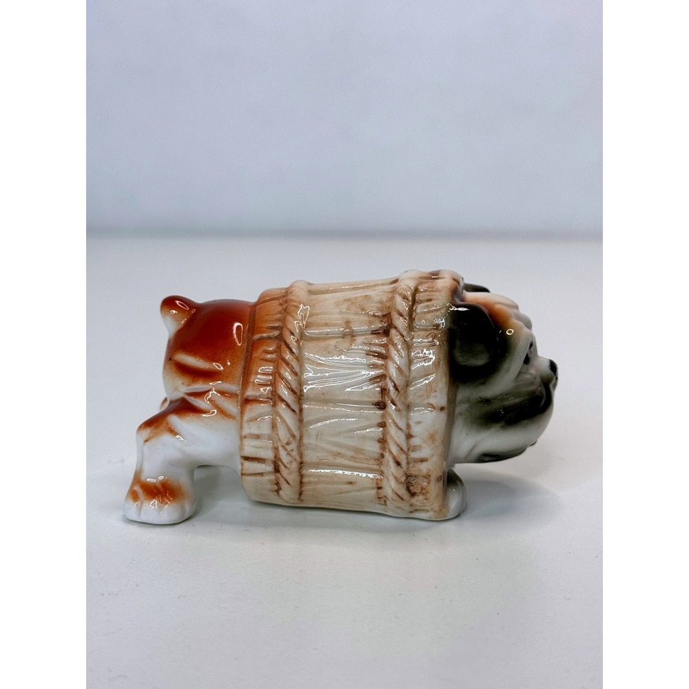 ENGLISH BULLDOG in a Barrel Vintage Ceramic Dog Figurine